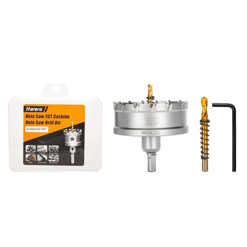 Henvo Hole Saw 3-3/8" (85mm) Heavy Duty Carbide with 2 Pilot Drill Bits - Metal Hole Cutter Cuts Stainless Steel, Iron, Copper, Brass, Plastic - Image 1